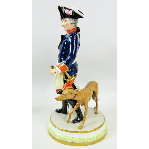 91 - German Dresden Figurine of a Classically Dressed Regency Gentleman with hunting hound.  Figure in ex... 