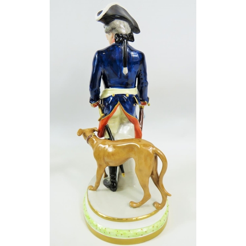 91 - German Dresden Figurine of a Classically Dressed Regency Gentleman with hunting hound.  Figure in ex... 