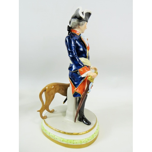 91 - German Dresden Figurine of a Classically Dressed Regency Gentleman with hunting hound.  Figure in ex... 