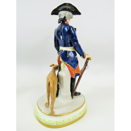 91 - German Dresden Figurine of a Classically Dressed Regency Gentleman with hunting hound.  Figure in ex... 