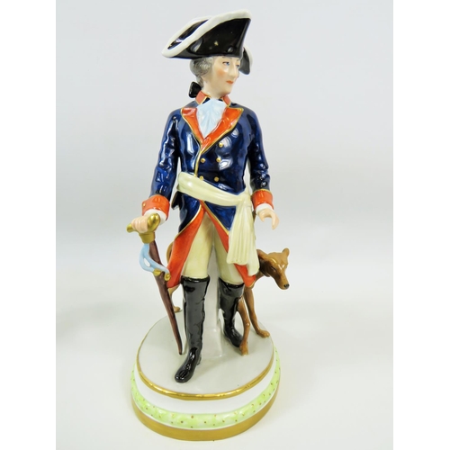 91 - German Dresden Figurine of a Classically Dressed Regency Gentleman with hunting hound.  Figure in ex... 