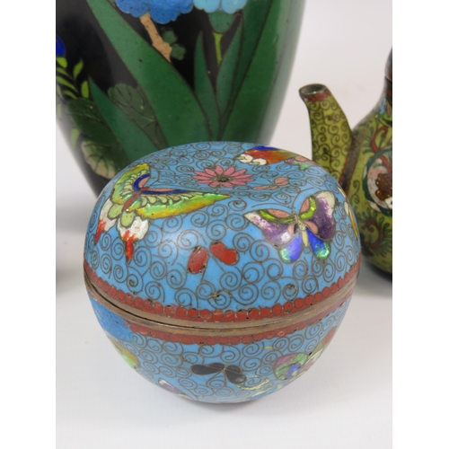 132 - 4 pieces of vintage Cloisonne Vase, trinkets and mini teapot. Slight damage to vase shown in photos.