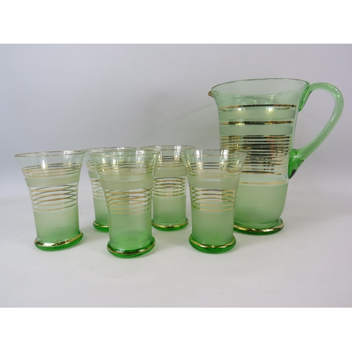 313 - Art Deco green glass Lemonade set, jug and 5 glasses.