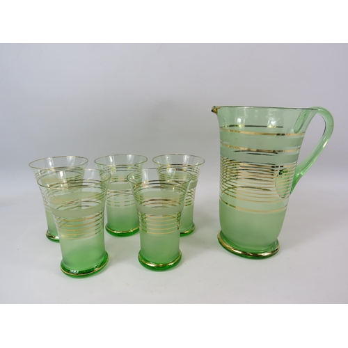 313 - Art Deco green glass Lemonade set, jug and 5 glasses.