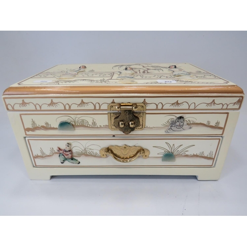 226 - Oriental inspired Jewellery box with painted decoration and Lucite figures of Japanese ladies. Silk ... 