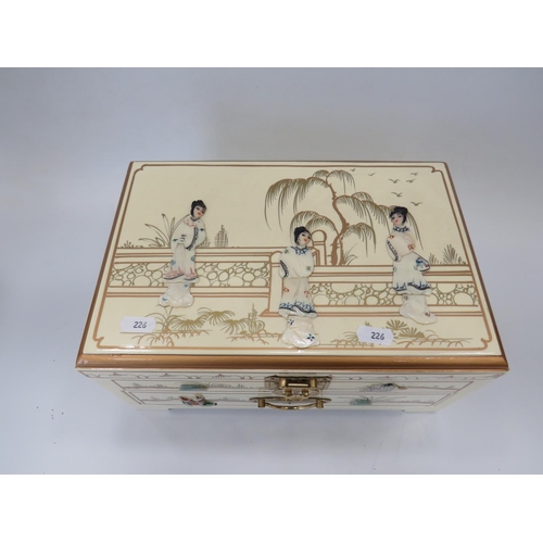 226 - Oriental inspired Jewellery box with painted decoration and Lucite figures of Japanese ladies. Silk ... 