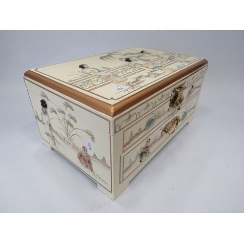 226 - Oriental inspired Jewellery box with painted decoration and Lucite figures of Japanese ladies. Silk ... 