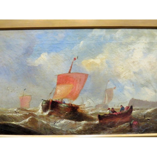 231 - Victorian Oil on Canvas by W. C . Knell  (William Calcot Knell 1830-1880)  'Fishermen Hauling in the... 