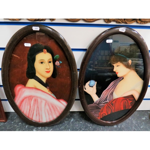 239 - Two reverse painted on glass images of art deco ladies, both set in oval frames which measures 20 x ... 