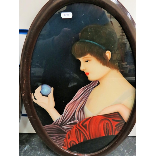 239 - Two reverse painted on glass images of art deco ladies, both set in oval frames which measures 20 x ... 