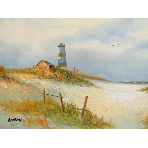 241 - Oil on Canvas of a Coastal Beach scene. Beautifully painted, signed 'Benson'  Housed in an ornate gi... 