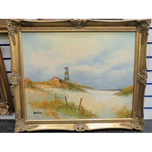 241 - Oil on Canvas of a Coastal Beach scene. Beautifully painted, signed 'Benson'  Housed in an ornate gi... 