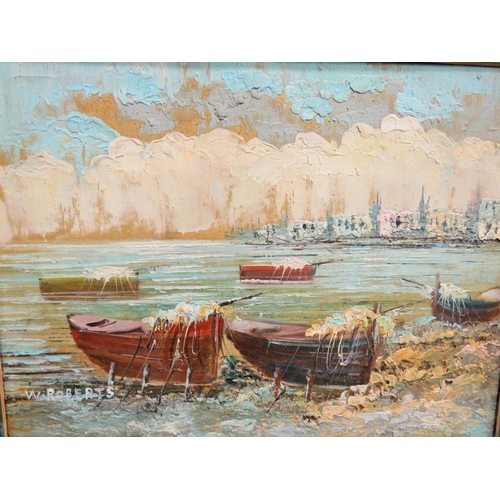 242 - Oil on Canvas of a Coastal Harbour scene showing rowing boats. Housed in an ornate gilt frame which ... 