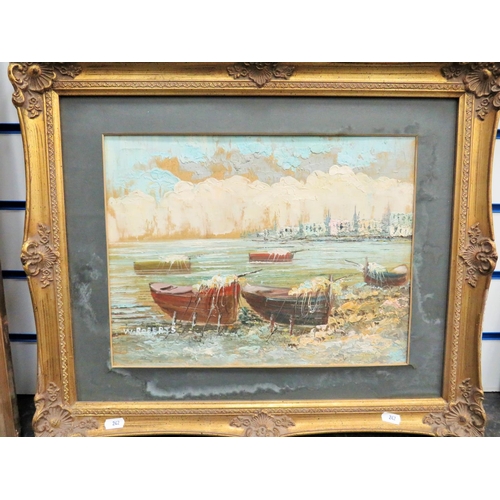 242 - Oil on Canvas of a Coastal Harbour scene showing rowing boats. Housed in an ornate gilt frame which ... 