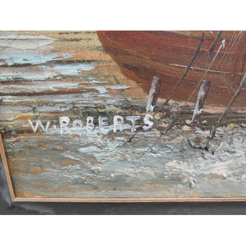 242 - Oil on Canvas of a Coastal Harbour scene showing rowing boats. Housed in an ornate gilt frame which ... 