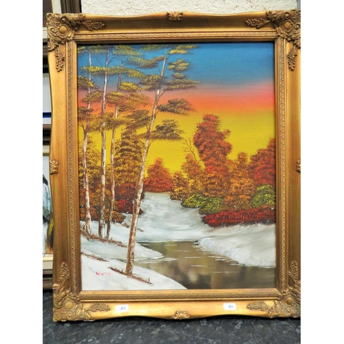 244 - Oil on Canvas of a Winter Forest Snow Scene in the Bob Ross Style. Bears the signature 'Newton'  Hou... 