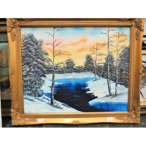 248 - Oil on Canvas of a Winter Woodland Lake scene in the Bob Ross Style. Bears the Signature 'Newton' Ho... 