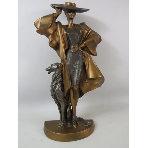 371 - Art deco style bronze metal sculpture of a lady and a Borzoi dog by Austin Sculptures, 49cm tall.