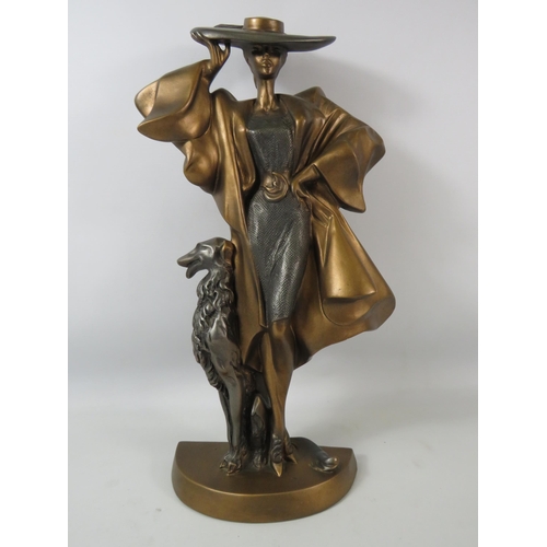 371 - Art deco style bronze metal sculpture of a lady and a Borzoi dog by Austin Sculptures, 49cm tall.