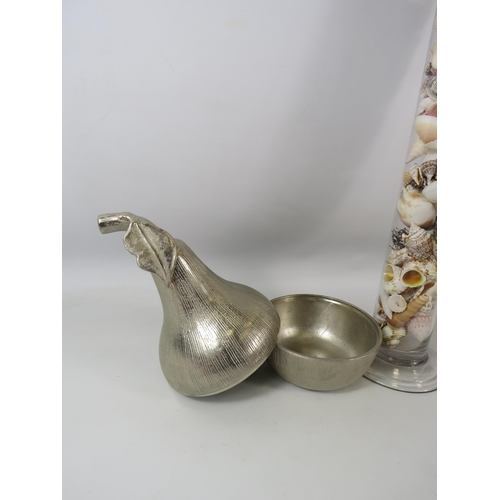 373 - White metal pear storage jar plus a tall glass vase full of sea shells, 58cm tall.