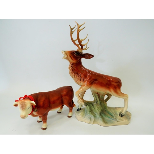 294 - Large Dutch made ceramic model of a Red Deer stag along with a leonardo model of a Hereford bull.