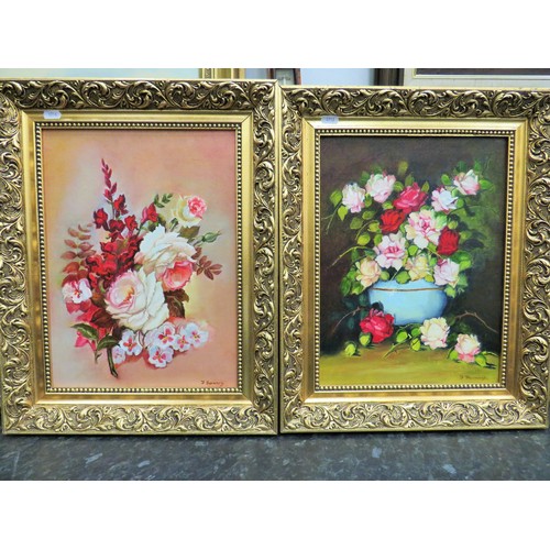 287 - Pair of oil on canvas still life's by Mrs F Farmery. Each housed in pretty and ornate gilt frames wh... 