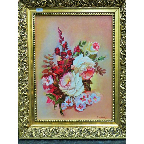 287 - Pair of oil on canvas still life's by Mrs F Farmery. Each housed in pretty and ornate gilt frames wh... 