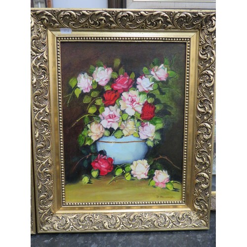 287 - Pair of oil on canvas still life's by Mrs F Farmery. Each housed in pretty and ornate gilt frames wh... 