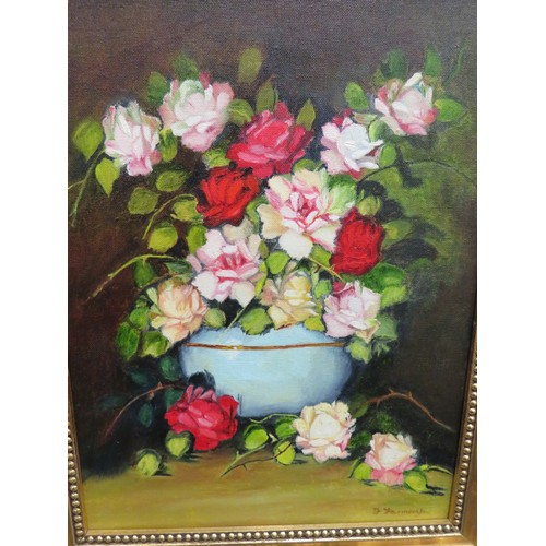 287 - Pair of oil on canvas still life's by Mrs F Farmery. Each housed in pretty and ornate gilt frames wh... 