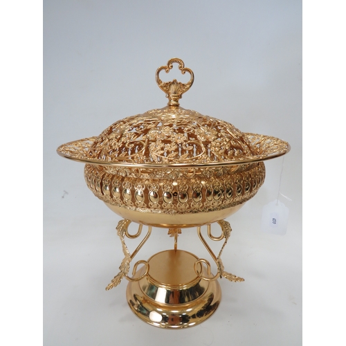 659 - Pretty Gilt metal Footed Pomander bowl with pierced body and lid. Measures approx 22 inches tall. Se... 