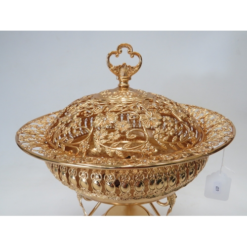 659 - Pretty Gilt metal Footed Pomander bowl with pierced body and lid. Measures approx 22 inches tall. Se... 