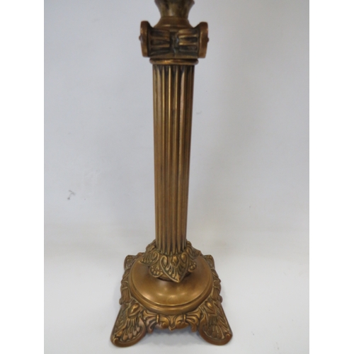 660 - Brass and Glass Oil lamp with Corinthian style Column base and milk glass reservoir .  Clear glass c... 