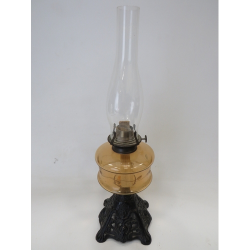 661 - Pretty Metal and glass Oil Lamp with Pierced metal base and Unranium glass reservoir with clear glas... 