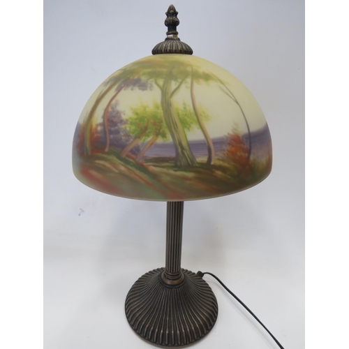 662 - Lovely Table lamp with heavy reeded base. Galle style frosted/painted glass shade which depicts fore... 