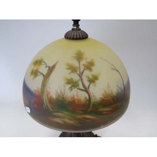 662 - Lovely Table lamp with heavy reeded base. Galle style frosted/painted glass shade which depicts fore... 