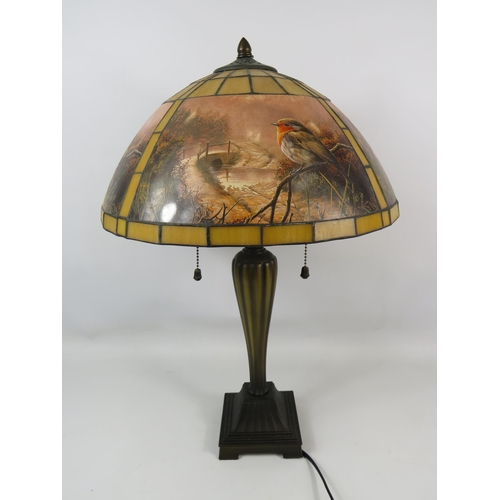 663 - Pretty Table lamp with heavy Art Nouveau Base and  Glass shade with depicts Winter Robins.  Measures... 