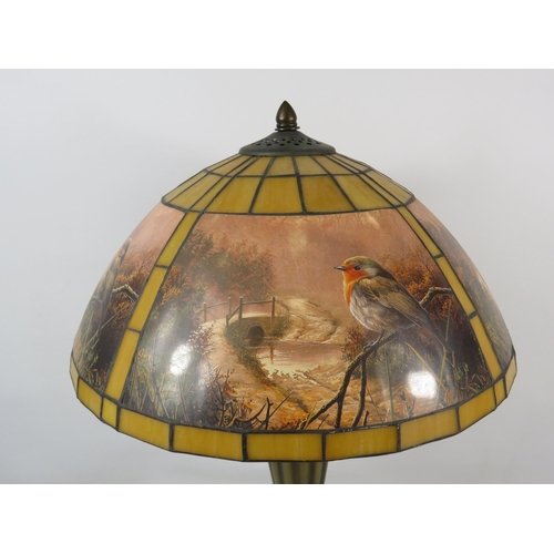 663 - Pretty Table lamp with heavy Art Nouveau Base and  Glass shade with depicts Winter Robins.  Measures... 