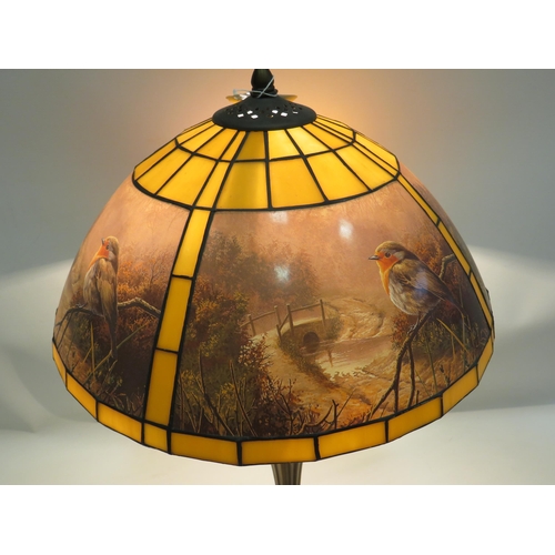 663 - Pretty Table lamp with heavy Art Nouveau Base and  Glass shade with depicts Winter Robins.  Measures... 