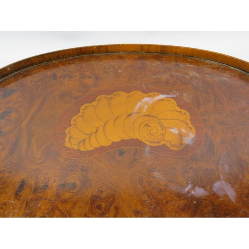 482 - Vintage kidney shaped tray with brass handles, 58cm by 30cm.