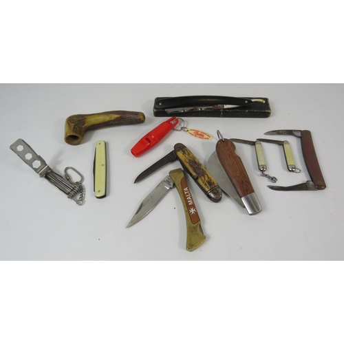 484 - Selection of Pen knives, Antler walking stick handle, cut throat razor etc.