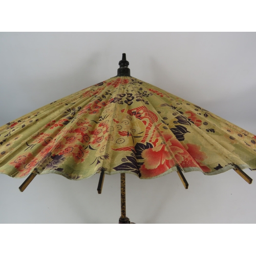 488 - Large chinese handpainted fan approx 75cm long plus a vintage parasol.