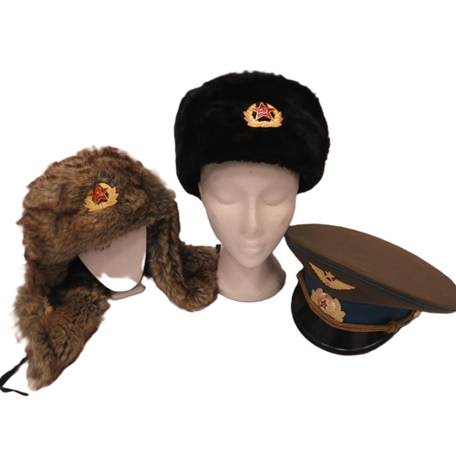 693 - Soviet Navy Submarine Winter Hat, Soviet Airforce Officer's Visor Cap, both from 1980's era plus a r... 