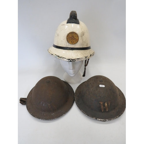 695 - Two WW2 Wardens Brodie Helmets plus a Vintage Firemans Helmet, size Medium. See photos.