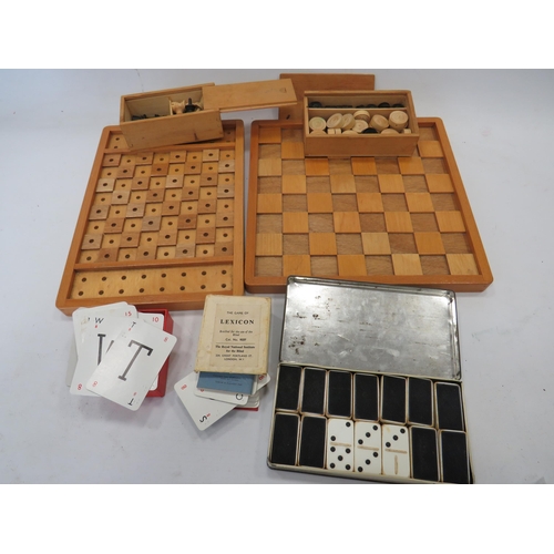 697 - Games designed for use by the Blind to include Chess board & pieces, Draughts Board & Pieces, Tin of... 