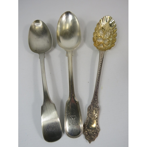 705 - 3 Sterling silver serving spoons London 1837,1840 and Dublin 1831. Total weight 204 grams