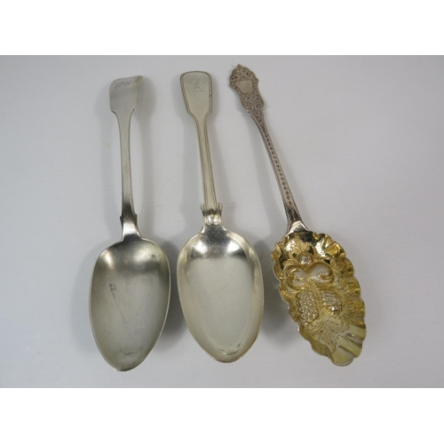 705 - 3 Sterling silver serving spoons London 1837,1840 and Dublin 1831. Total weight 204 grams