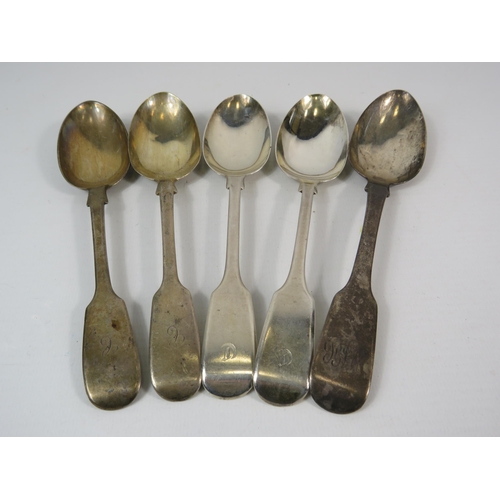 706 - 5 London sterling silver table spoons 1826,1854,1881 total weight 201 grams.