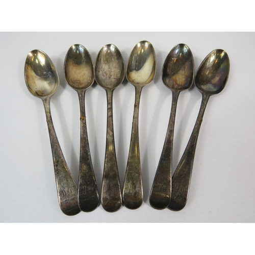 707 - 6 Sterling silver teaspoons possibly London 1787, total weight 121 grams.