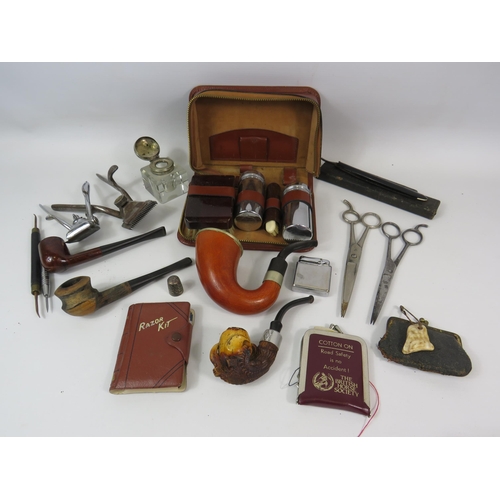 740 - Mixed collectables lot including tobacco pipes, grooming items, ink well etc.