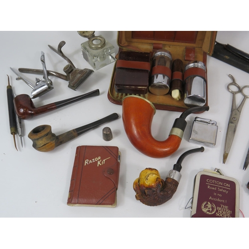 740 - Mixed collectables lot including tobacco pipes, grooming items, ink well etc.